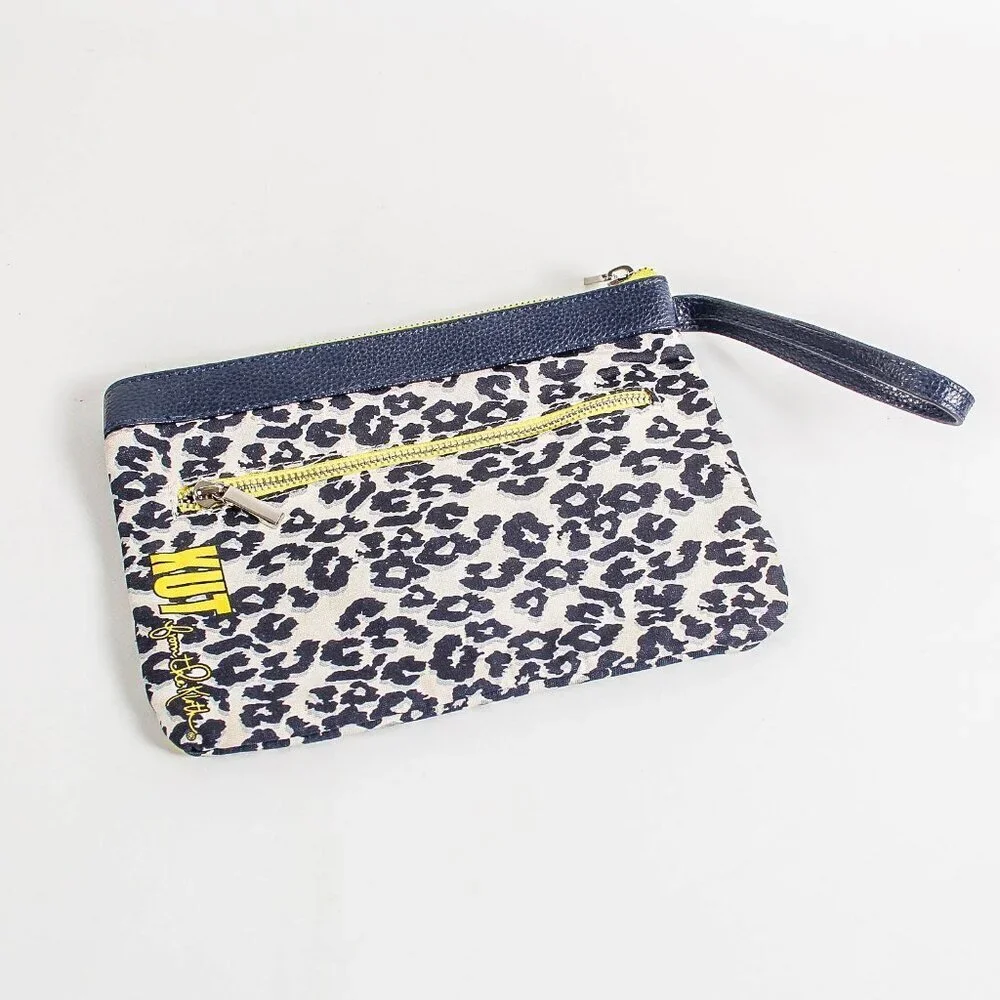 KUT From The Kloth Leopard Print Wristlet Clutch Navy Yellow Zip Pouch Bag